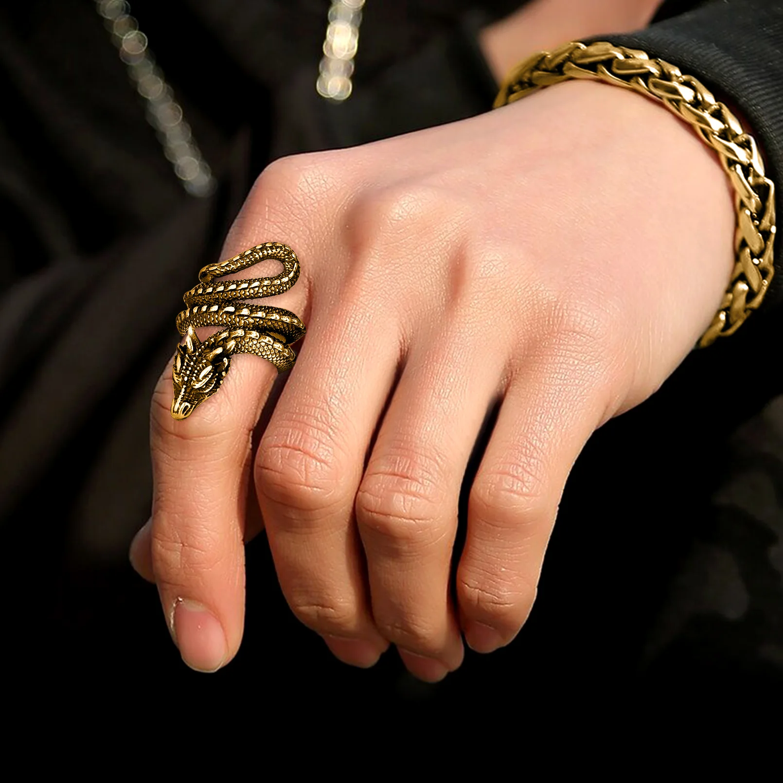 U7 Dragon Rings for Men Women Black Retro 14K Gold Color Vivid Animal Dragon Wrapped Rings Stainless Steel Cool Jewelry Gift