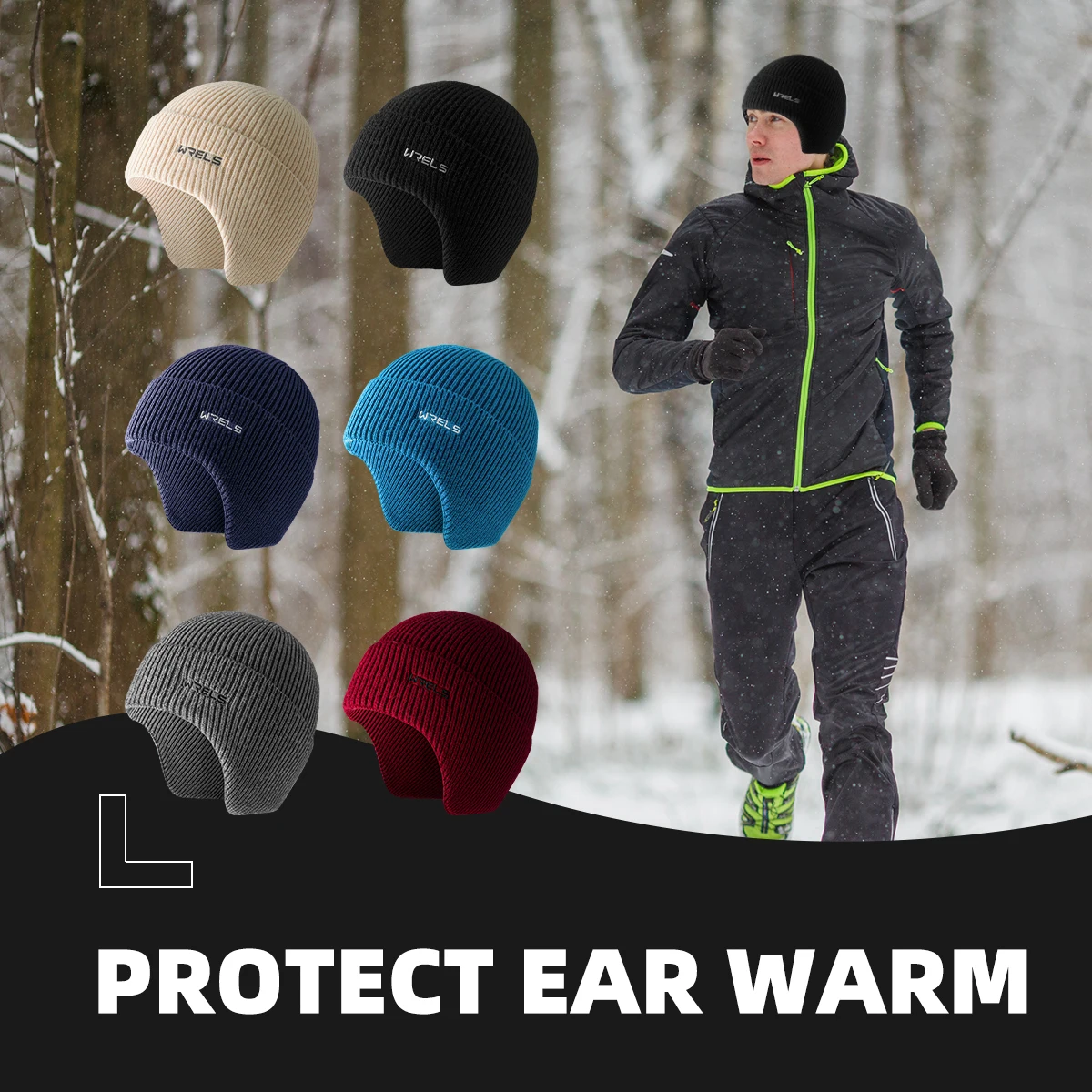 WRELS Earflap Beanie Hat Thickened Windproof Knitted Running Cap Unisex Warm Cold-proof Ear Protection Outdoor Cycling Ski Hat