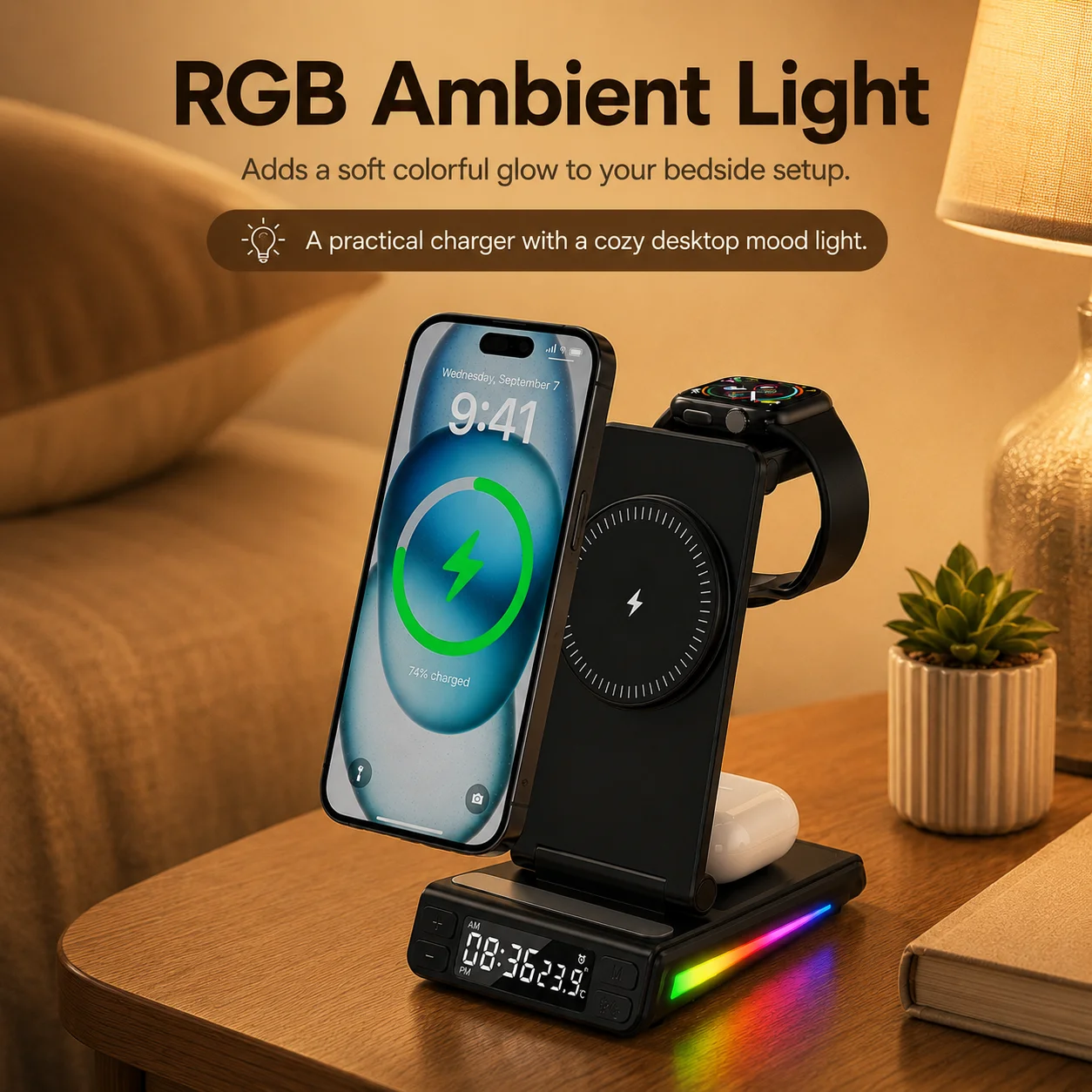 15W Magnetic Wireless Charger, 5 in 1 Foldable Charging Station with Clock RGB Light for iPhone, Android Phones, Watch, Earbuds - view 5