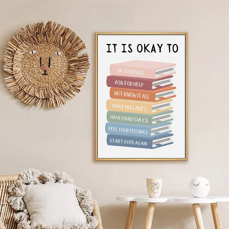 Boho It Is OK to Feel Books Educational Poster Wall Art Canvas Painting Print Picture Children Kids Room Classroom Decoration