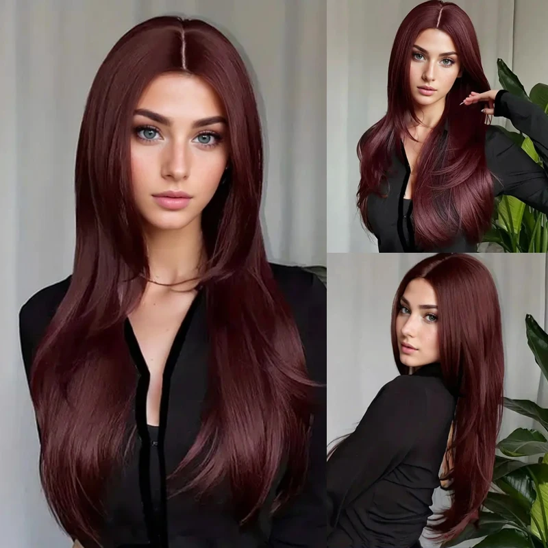 Peruca de cabelo natural em camadas vermelhas, longa e reta, sintética, vermelha, para mulheres, parte intermediária, cabelo natural, cosplay, resistente ao calor diário