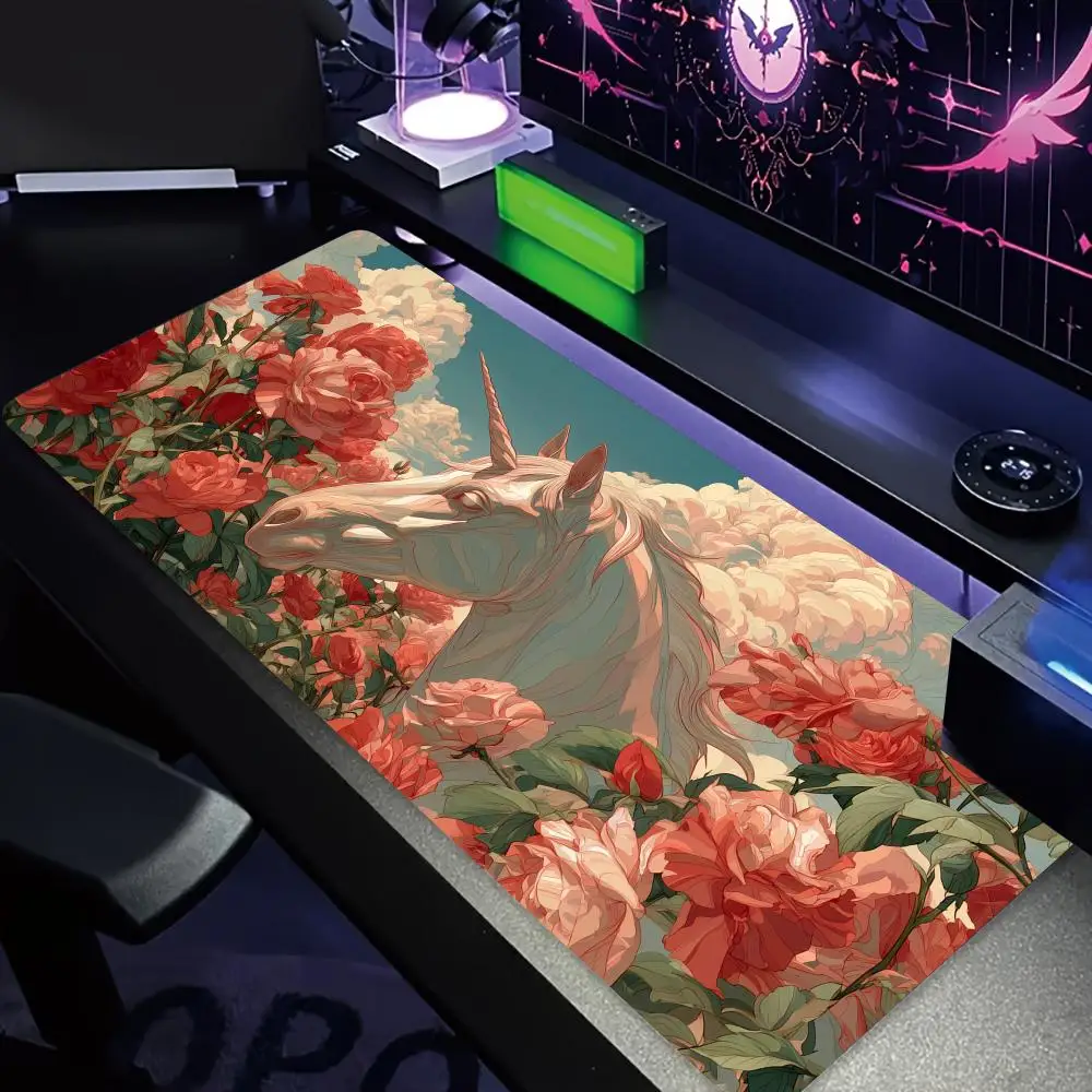 

Fantasy Unicorn and Rose Design Mouse Pad Desk Mat Gaming pad Non-Slip Stitched Edge pc accessories Computer keyboard mouse pads