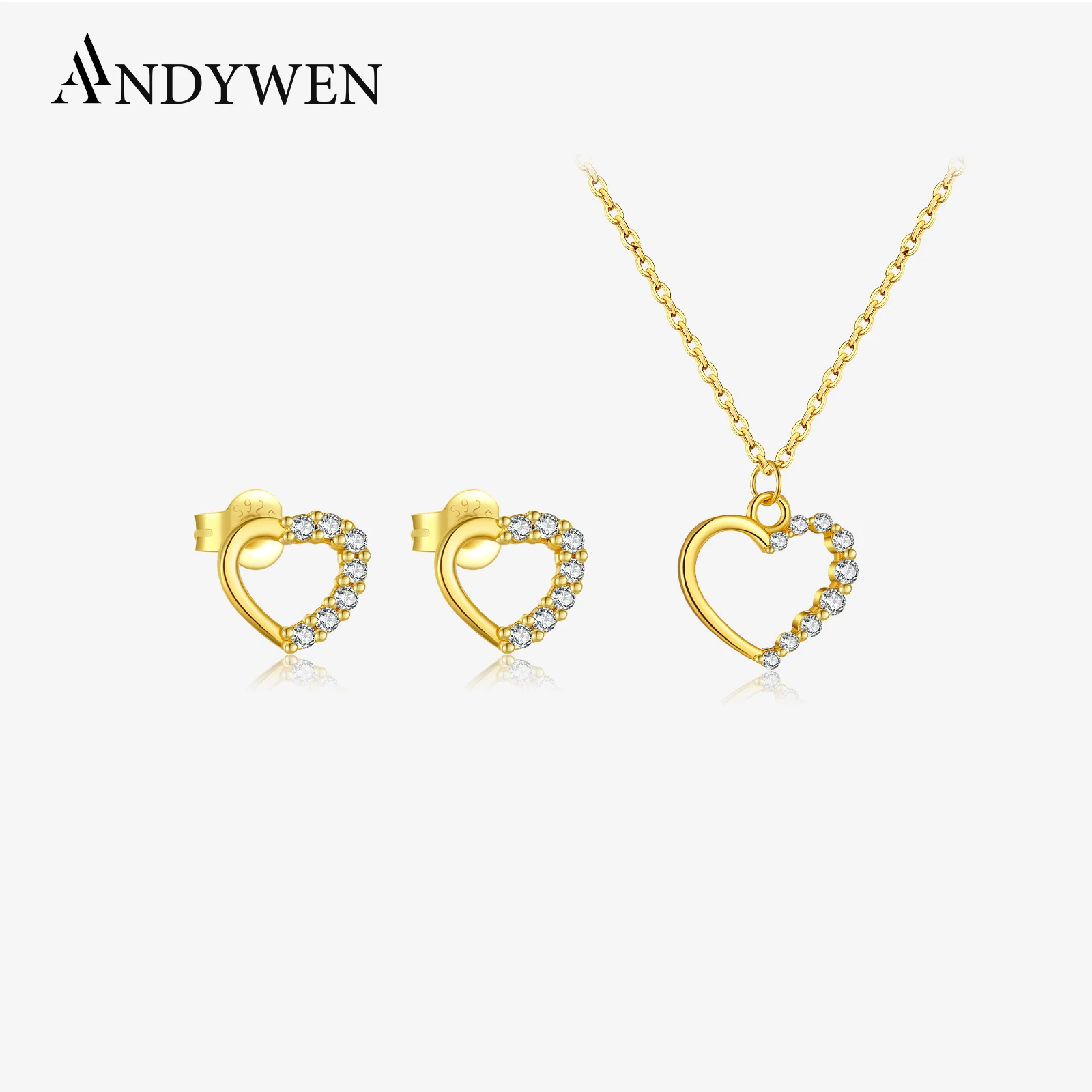 

ANDYWEN 925 Sterling Silver Gold Plated Heart Shape Zircon CZ Long Necklace Stud Earring Jewelry Set 2025 Daily Fine Women Gift