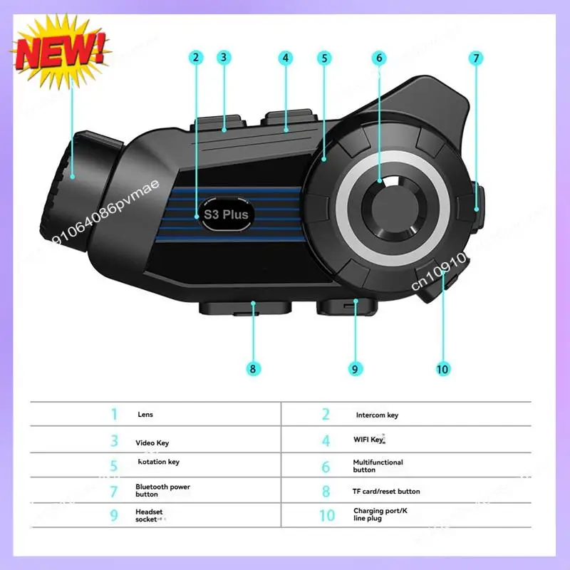T24C S3 Plus Motorradhelm Bluetooth Intercom Headset 2K Videorecorder DVR Dash Cam unterstützt 6 Personen