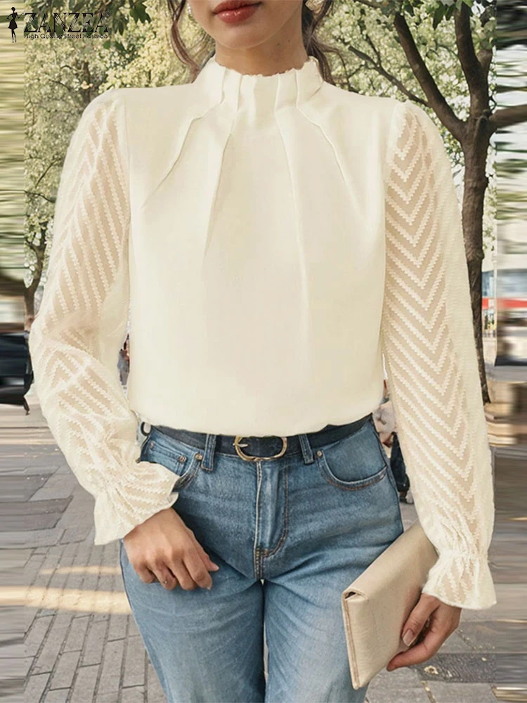 2024 ZANZEA Elegant Work Blouse Spring Fashion Women Long Lantern Sleeve Lace Shirts Stylish Hollow Out Holiday Blouses Mujer