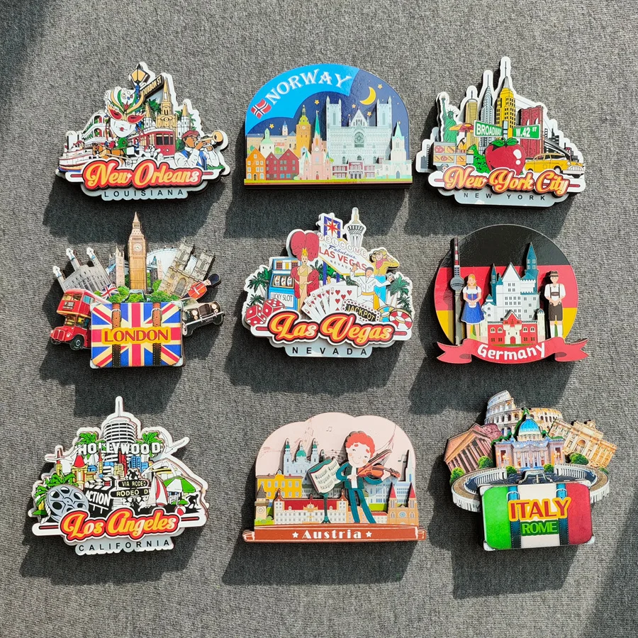 3D Wooden Refrigerator Magnet Travel Souvenir United States Austria Germany Norway Italy United Kingdom Magnetic Fridge Sticker
