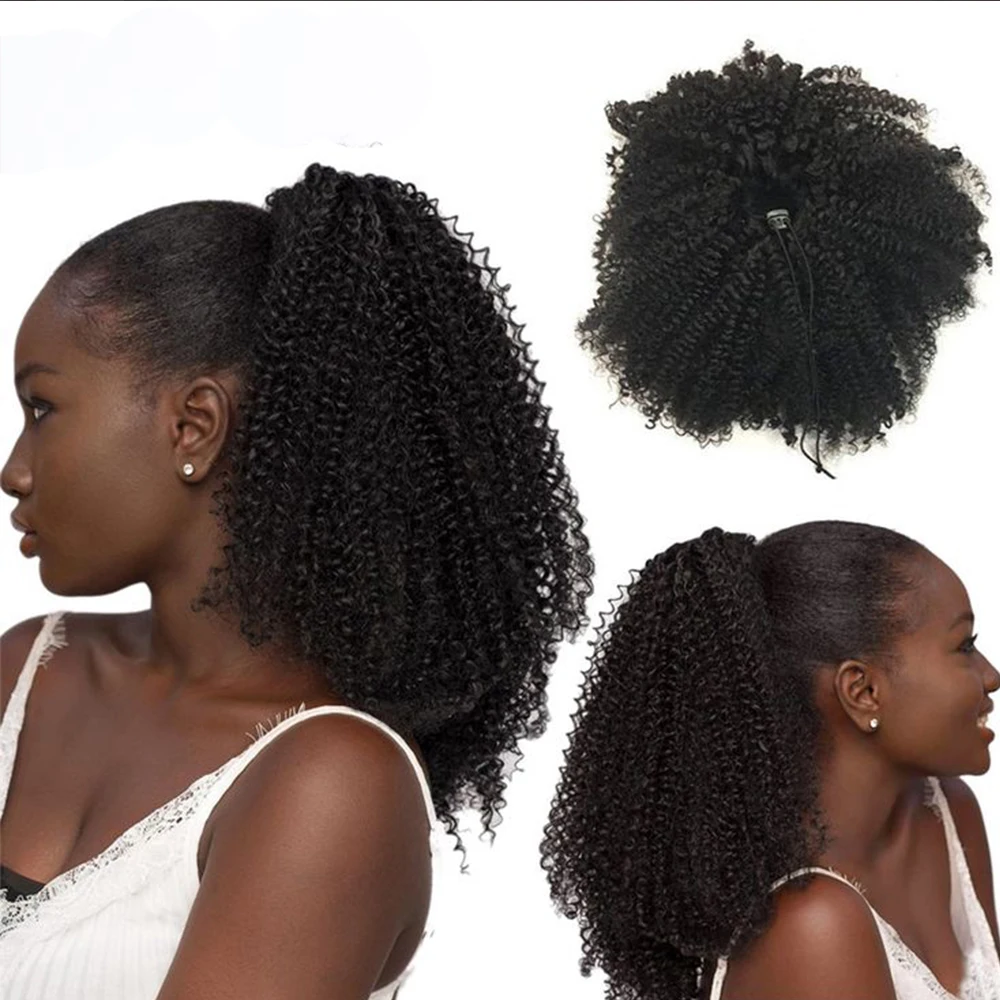 4B/4C Human Hair Ponytail Drawstring Afro Kinky Curly Remy Extensions 10-24 Inch Clip-In Installation Hair Extensions
