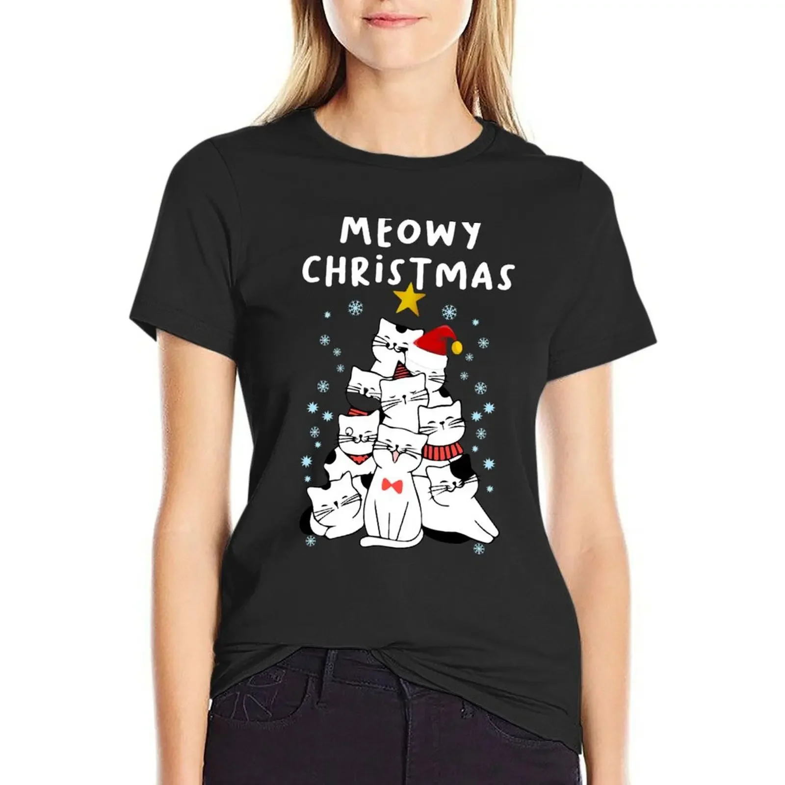 

Meowy Christmas, Cute Tree cats T-Shirt tops Short sleeve tee t shirt for Women