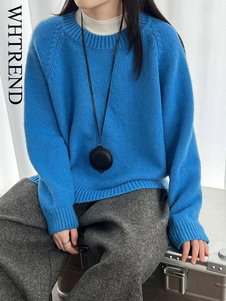 

WHTREND Simple Korean Style Multi-color Round Neck Knitted Top For Women Autumn Winter New Loose Casual Sweater WH2003