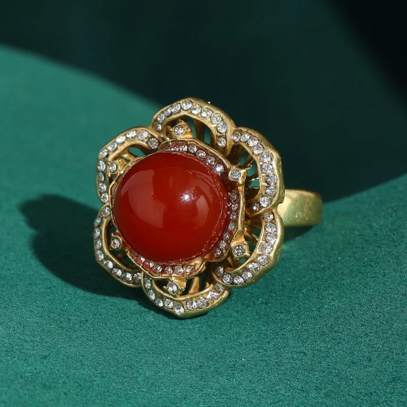 

Vintage Red Flower Ring for Wedding Natural Stone Gold Color Women Elegant Jewelry Trends 2026 Accessories Bride New Luxury