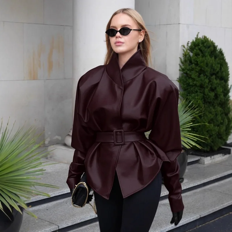 Women 2026 Spring New Hot Selling Vintage Moto Stand Collar Faux Leather Belted Waist Midi Jacket Coat Trendy Chic Casual Daily