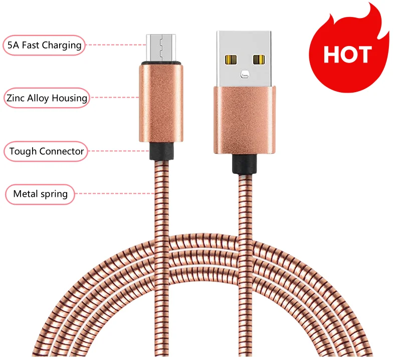 10 STKS Nieuwe Hot Koop Type C 5A Snel Opladen 1 m Metalen Lente Coil Kabel Hoge Duurzaamheid Stabiele Transmissie IPhone Smart Telefoon Lap