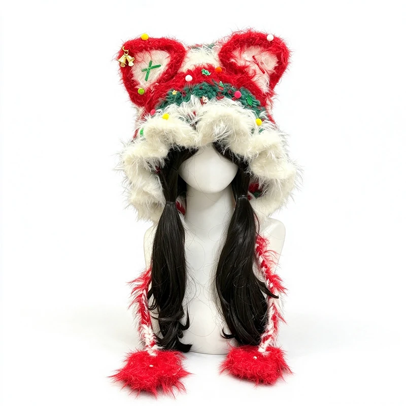 Handmade Chirstmas Red Fox Ear Hat Set Women Custom Crochet Plush Knit Beanie Girls Winter Warm Cosplay Funny Tree Accessory
