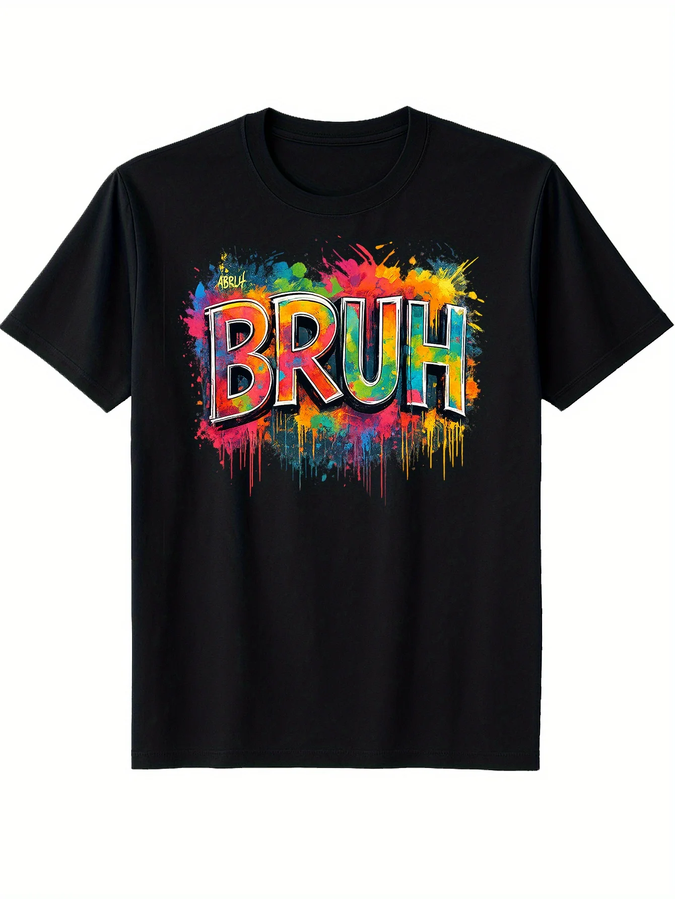 Men's colorful Bruh pattern T-shirt, soft cotton casual T-shirt with vivid water drop print, black high-quality round-neck shirt