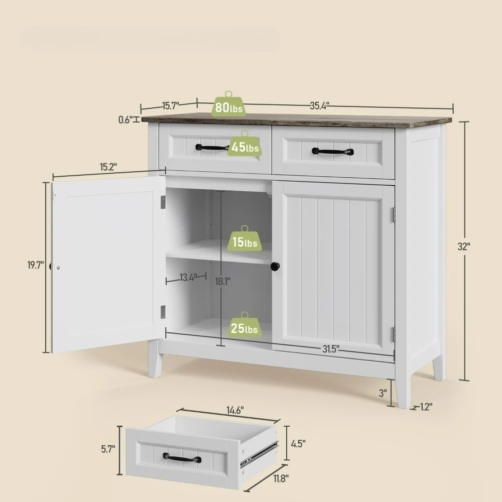 Kitchen Sideboard Buffet Cabinet, 32'' H Large Kitchen Storage Island and Adjustable Shelf, Modern Coffee Bar Console Cabinet