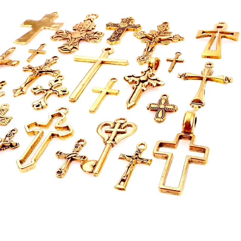 25pcs Retro Gold Color Alloy Cross Series Pendant Mixed Loading Mixed Style Belief Cross Hollow Out Diy Charms Accessories