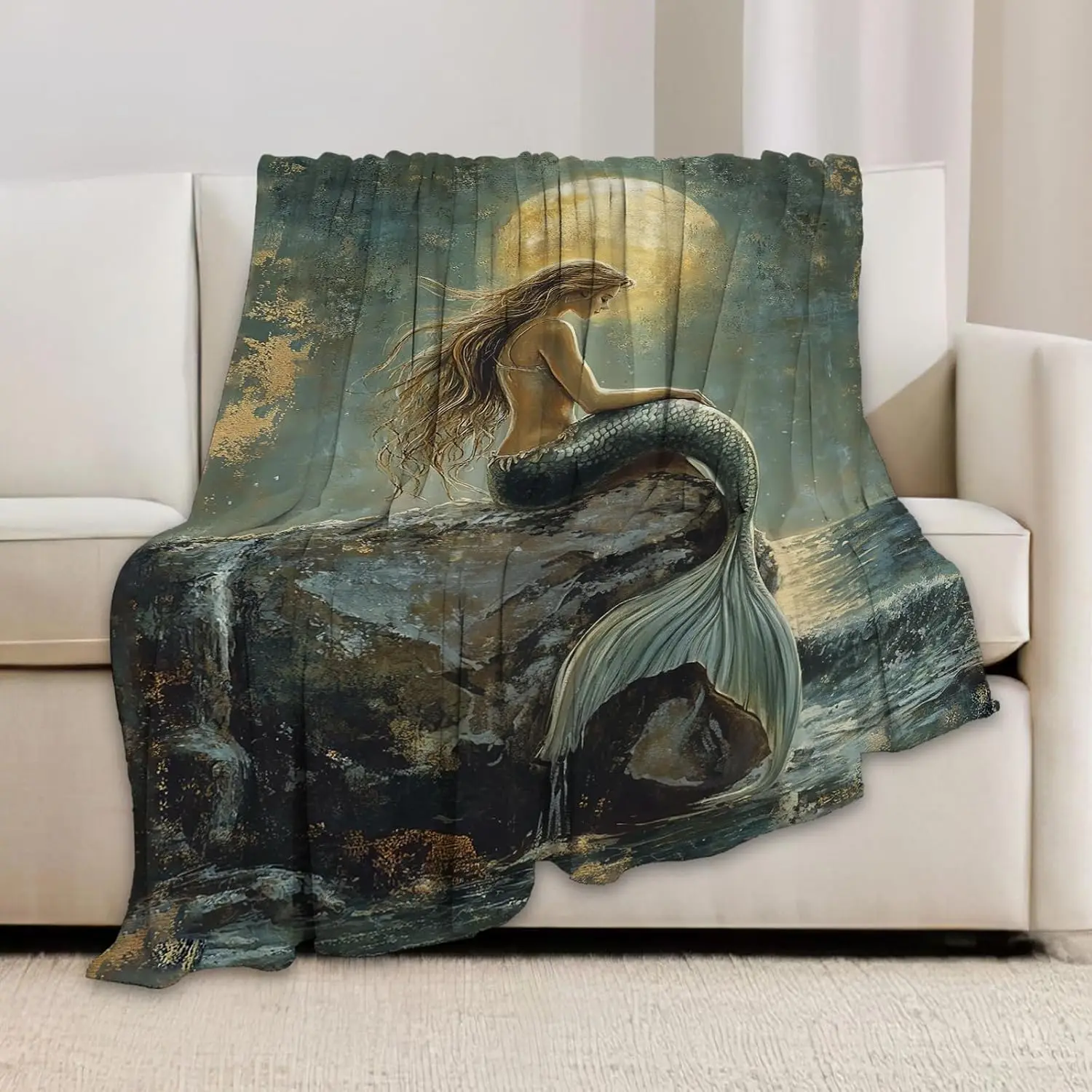 Mystical Mermaid Siren Ocean Art Throw Blanket Flannel Polyester Cozy Decor Bohemian Boho Gift for Sofa Bedding