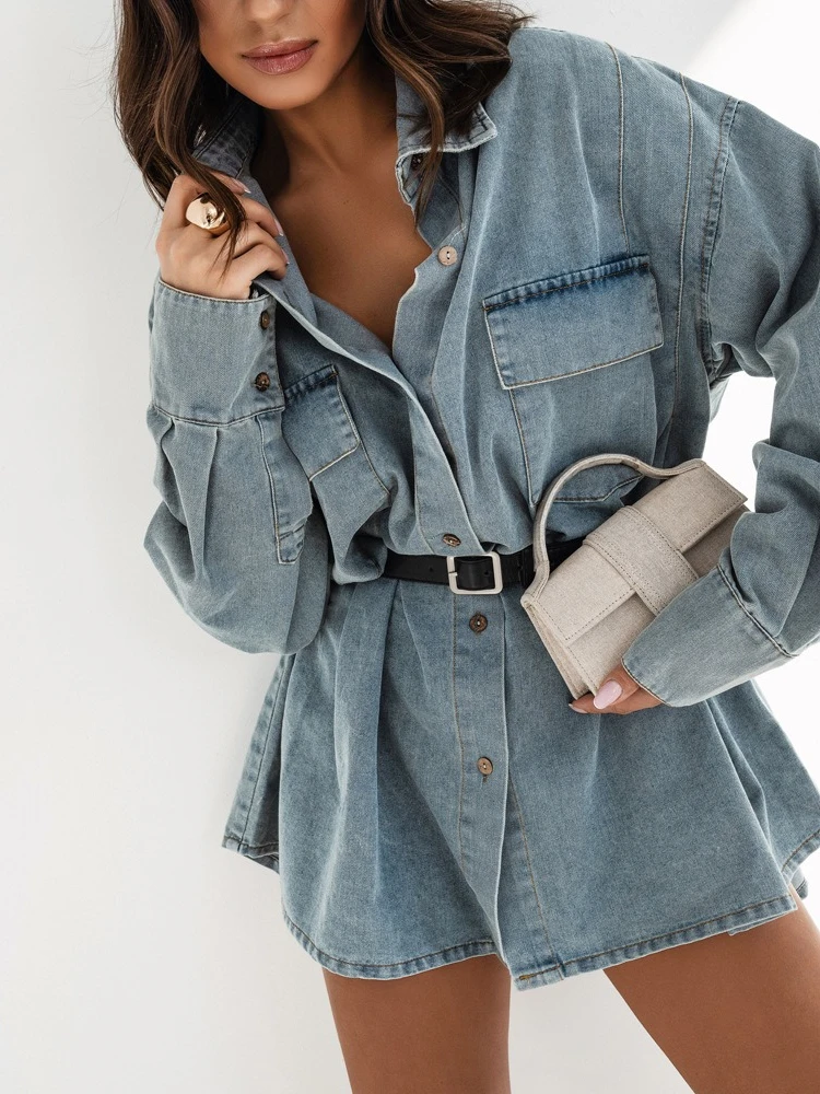 New Blouse Women's Autumn Long-sleeved Pockets Distressed Retro Relaxed Fit Denim Shirt Comfortable Minimalist Casual Versatile