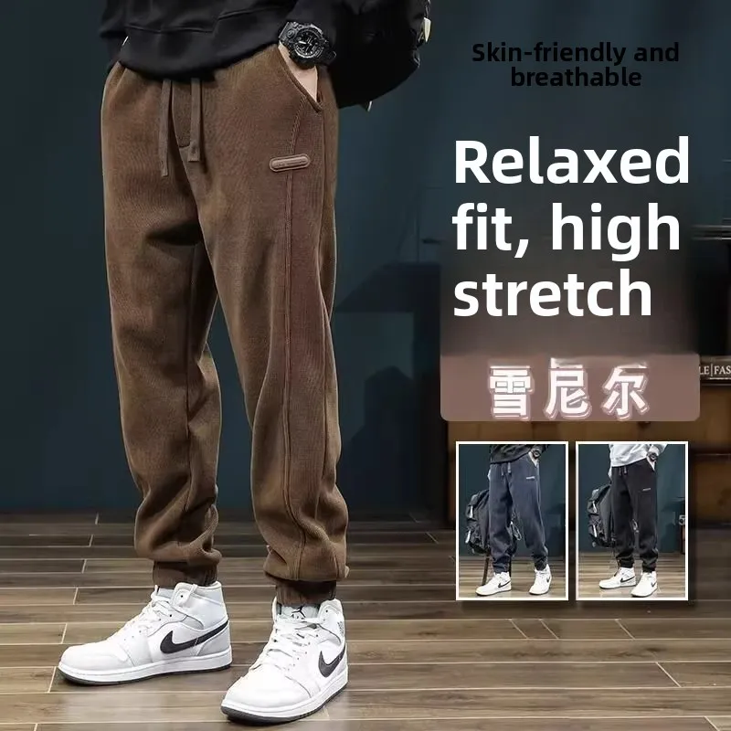 

Thiened Corduroy Men's Casual Pants with Fce for Autumn And Winter Loose Fit Sports Trendy Brand Cuffed Long Trousers
