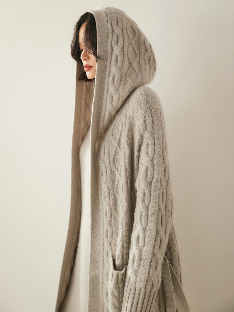 

ADDONEE Women's 100% Cashmere Sweater Cable Knitting Long Cardigan Thick Hoodie Casual Style Cashmere Knitted Coat Autumn Winter