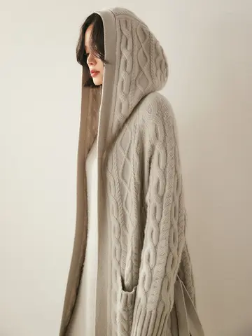 ADDONEE Women's 100% Cashmere Sweater Cable Knitting Long Cardigan Thick Hoodie Casual Style Cashmere Knitted Coat Autumn Winter