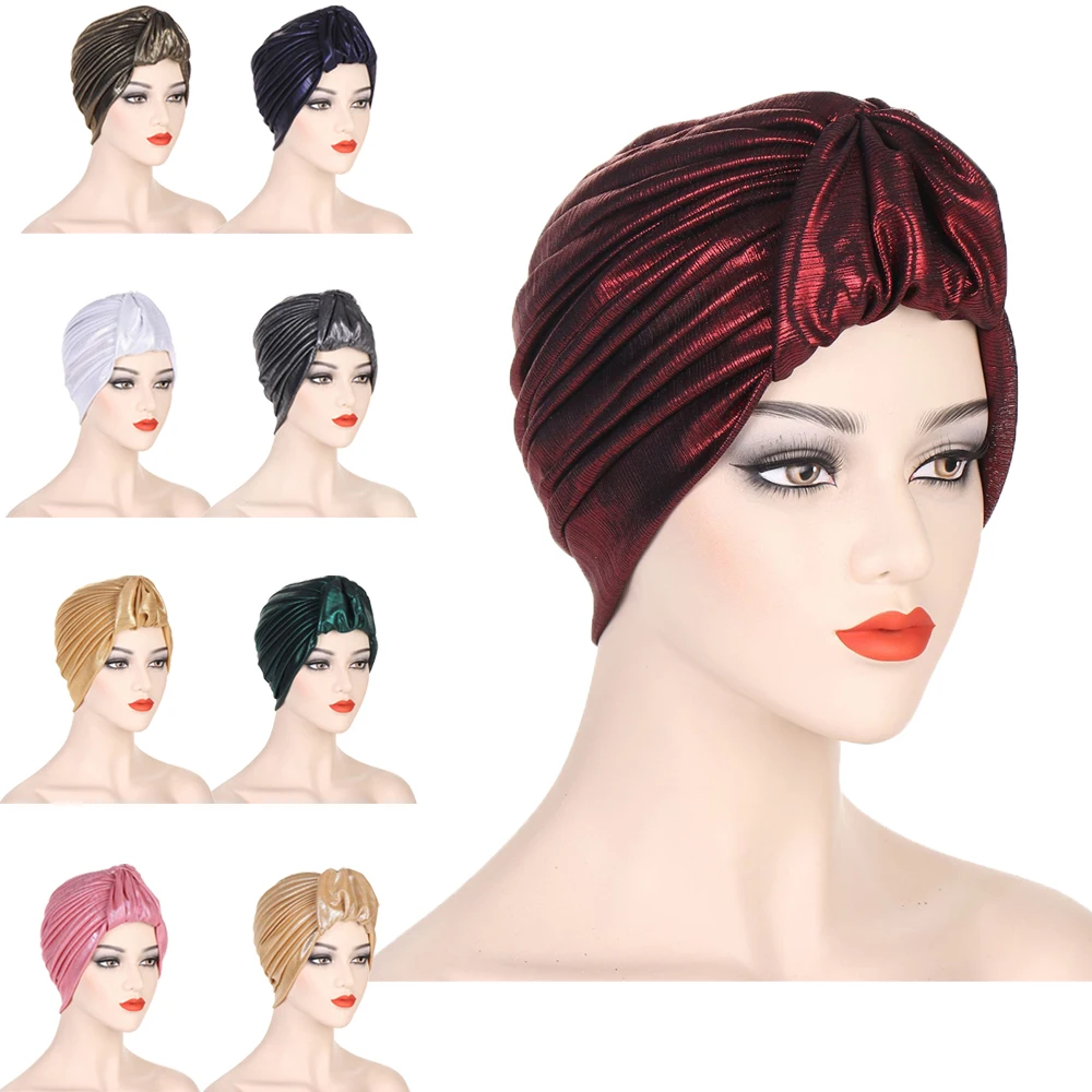

Новый мусульманский женский блестящий хиджаб с морщинами, тюрбан, химиотерапия, модный индийский капот от рака, шляпа от выпадения волос, головной убор, бандана