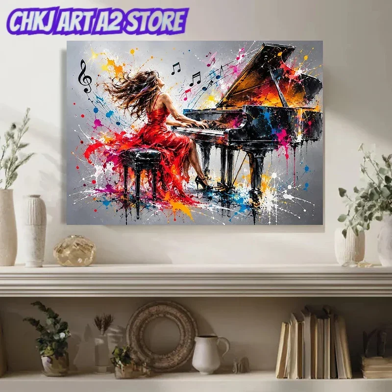 Woman Playing The Piano Colorful Abstract Music Poster and Prints Canvas Painting Wall Art Pictures Home Decor Cuadros