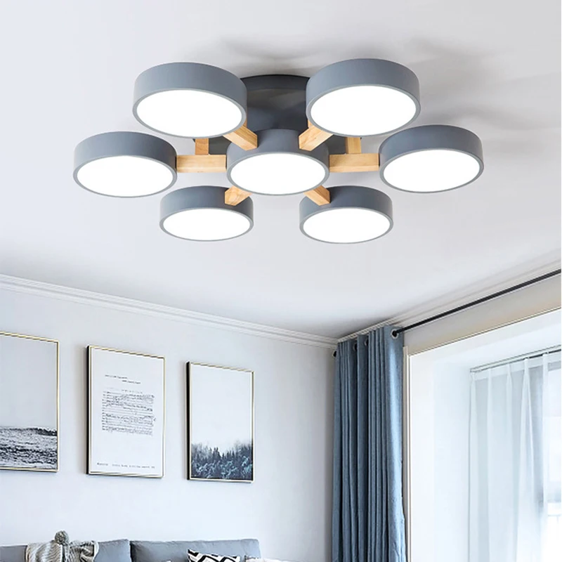 

Modern 220/110V LED Ceiling Lght White Grey Green Round Metal Shade Wooden Lamp Bedroom Living Room Villa Hotel Bar Lustre Deco