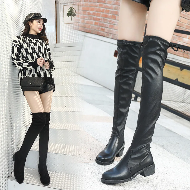 2023 Long Leather Boots Women\'s Over-the-knee Skinny Boots Autumn and Winter New Long-tube High-heeled Stretch Boots