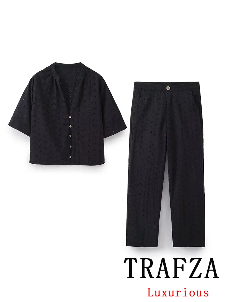 TRAFZA-Chemise à Simple Boutonnage pour Femme, Vintage, Chic, Couleur Unie, Trempé, Col en V, Amissié, Pantalon Droit, Nouvelle Mode, Été 2024