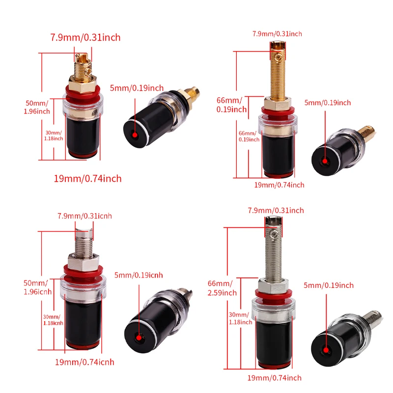 YYTCG - Juego de 4 terminales de cobre puro chapados en oro/rodio sin soldadura para altavoces, para enchufes tipo banana de 4 mm, terminales de amplificador de altavoces
