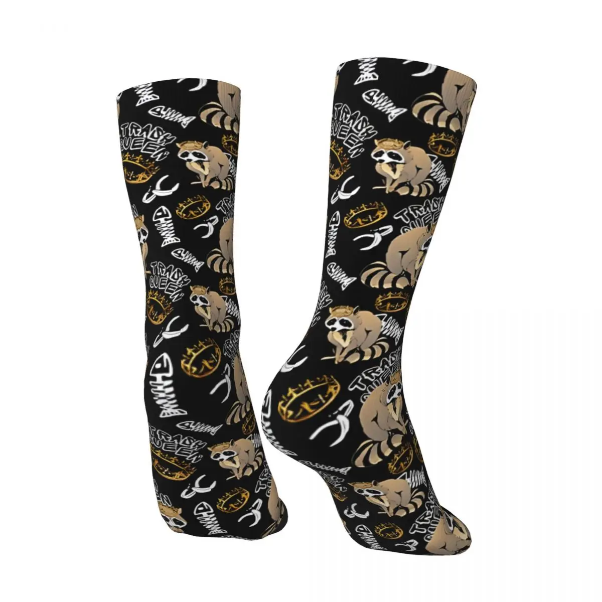 Crazy Sock for Men Trash Queen Raccoon With Tiara Crown Hip Hop Vintage Raccoon Pattern Printed Boys Crew Sock Novelty Gift