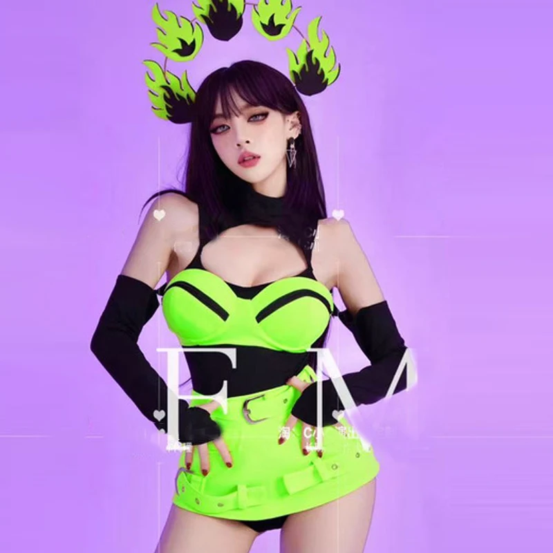 

Bar Nightclub DJ Pole Dance Costumes Women Green Leather Gogo Dancer Clothing Outfits Stage Performance Rave Wear XS10464