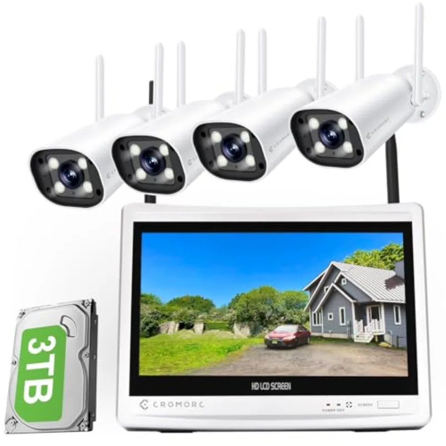 Wireless security camera system for home surveillance: 16CH expandable NVR with 12.5 monitor, 4x 5MP cameras, white, human dete