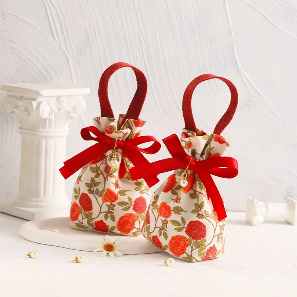 Korean Canvas Festive Tulip Flower Drawstring Canvas Sugar Bag Bow Pearl Wedding Handbag Large Capacity Jewerly Packing Bag