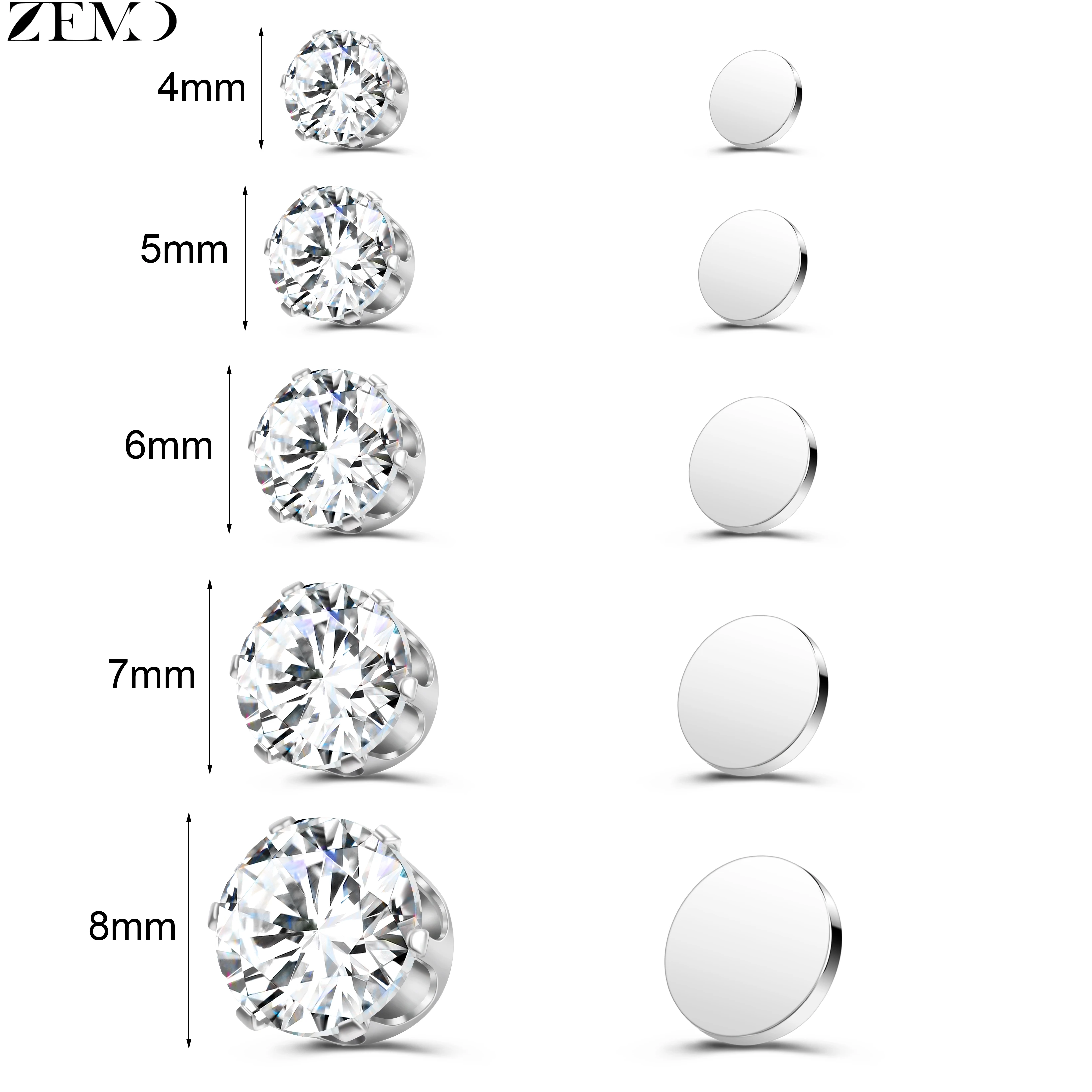 ZEMO 1 PC Magnetic Clip-on Earrings Round 4/5/6/7/8MM CZ Crystal No-Pierced Ear Clips Men Women Stud Earring No Piercing Jewelry