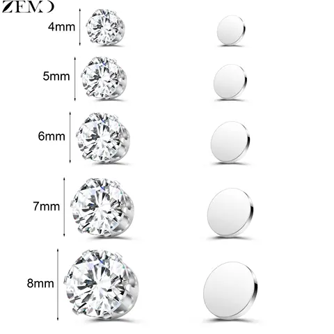 ZEMO 1 PC Magnetic Clip-on Earrings Round 4/5/6/7/8MM CZ Crystal No-Pierced Ear Clips Men Women Stud Earring No Piercing Jewelry