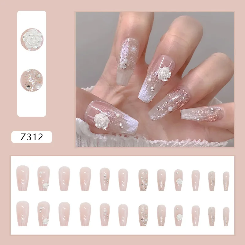 24 Stks/set Bloemenparel Elegante Pers Op Nagels Luxe Zomer Nagel Tips Doodskist Diamanten Nepnagels Met Lijm Kunstnagels Voor Meisjes