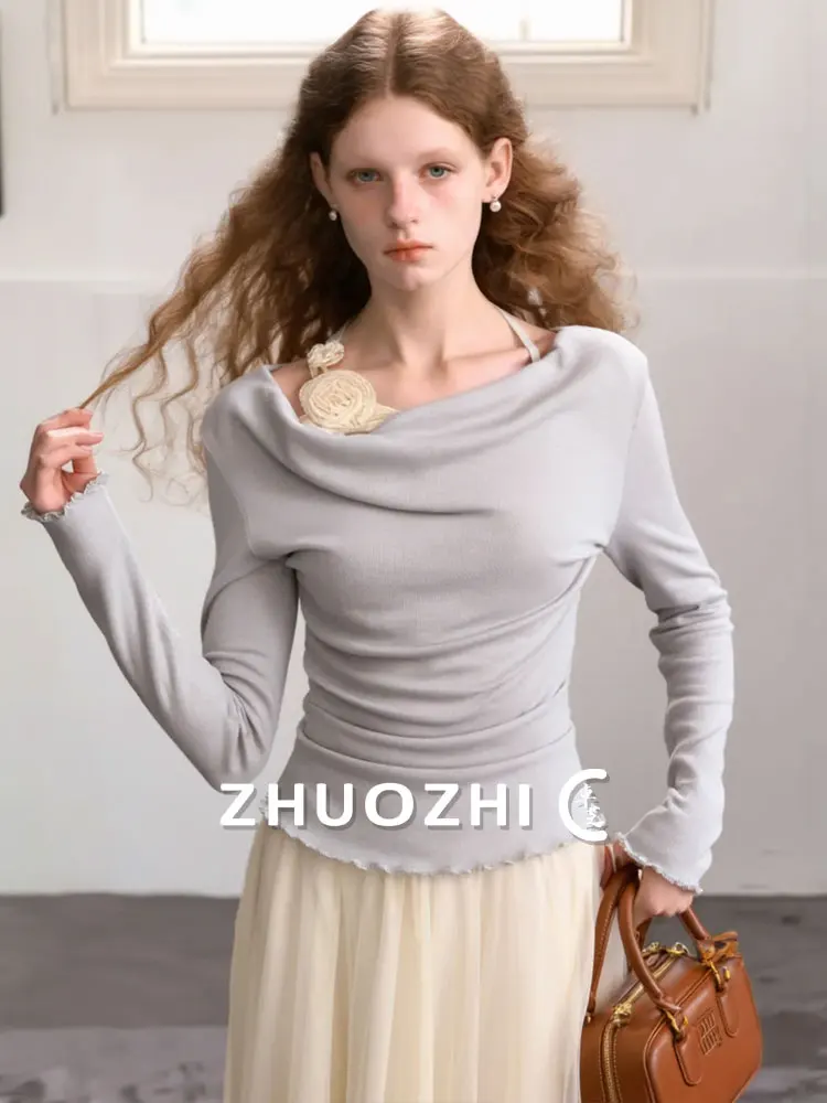 

Ретро-футболка с цветочным принтом и сборками на горловине, приталенная, с нежным плиссированным дизайном, весенняя новинка, французский стиль, повседневный топ с длинным рукавом