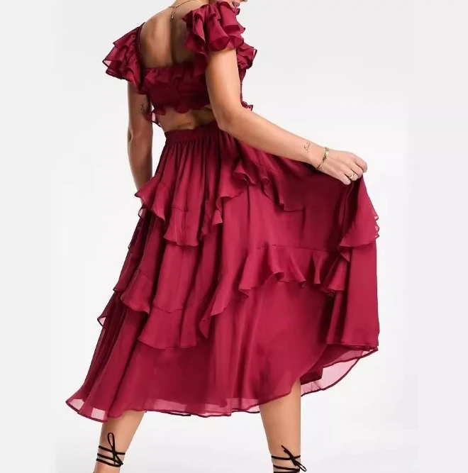 Vestidos de festa elegantes femininos sexy vestido de férias renda sem costas oco bolo saia em camadas plissado borda prazer vestido longo feminino