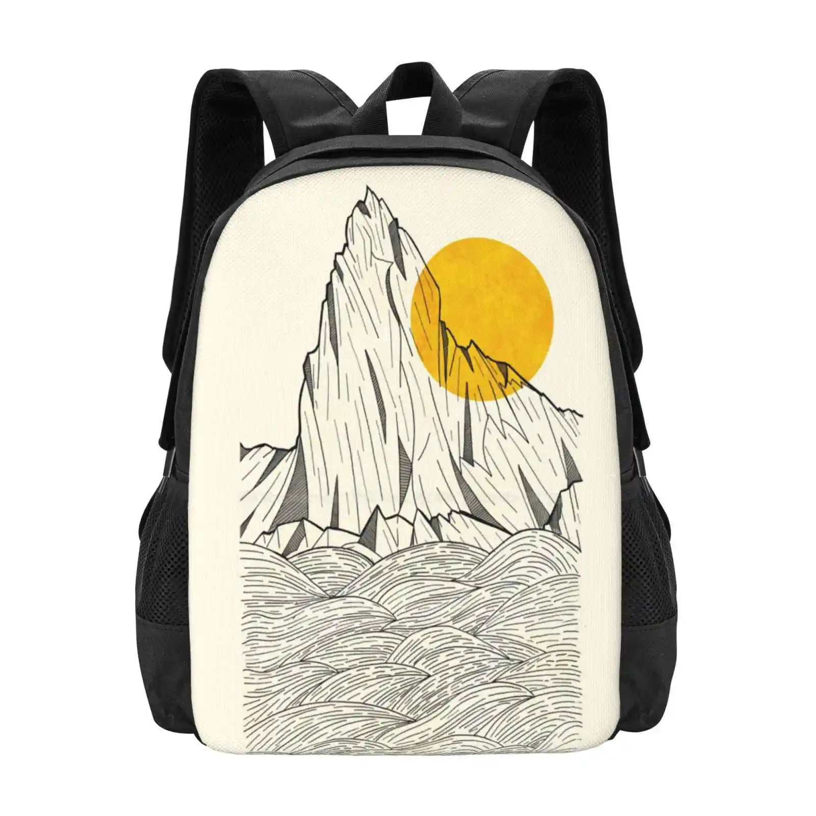 Sun Cliffs Backpack For Student School Laptop Travel Bag Cliffs Mountains Beach Waves Water Pen Ink Simple Yellow Sun Spring