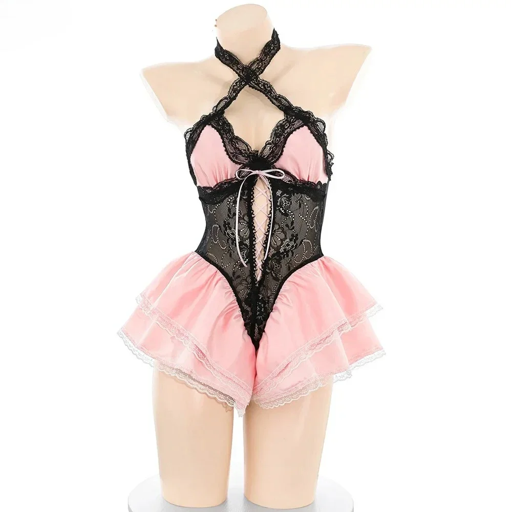 Anime Sweet Girl Onesie Pajamas Lace Bodysuit Uniform Outfits Cosplay Costume Cute Pink Underwear Small Cake Role Play Nightwear