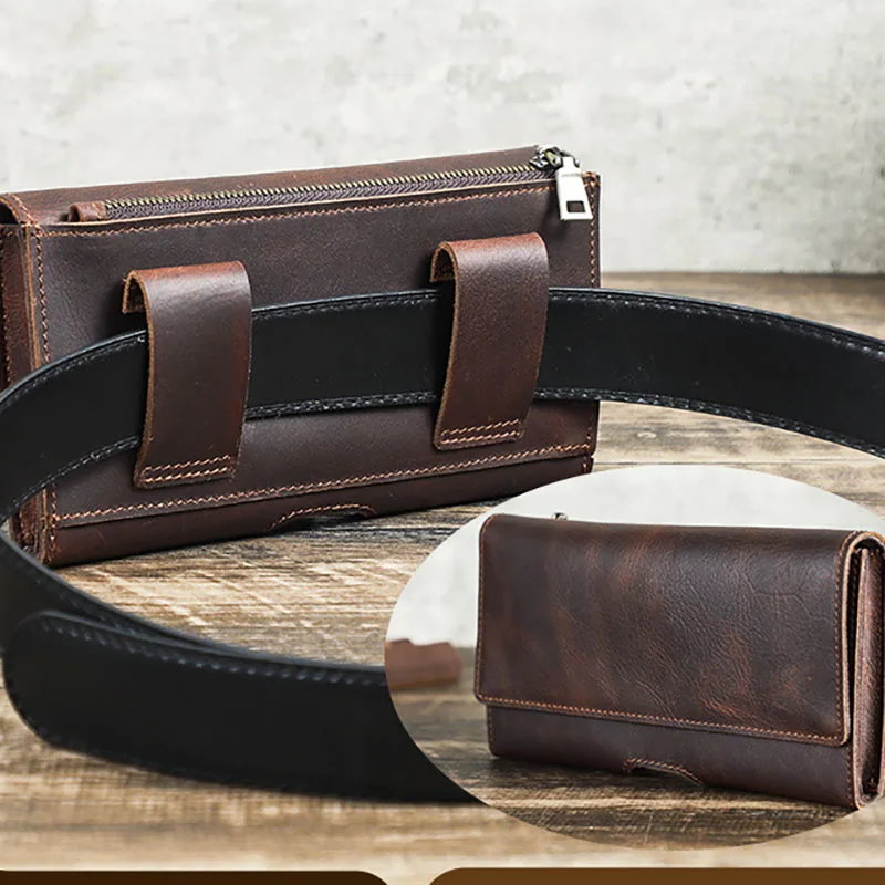 Retro Crazy Horse Leather Phone Fanny Pack Multifunctional Men's Waist Belt Zipper Pocket Cellphone Holster