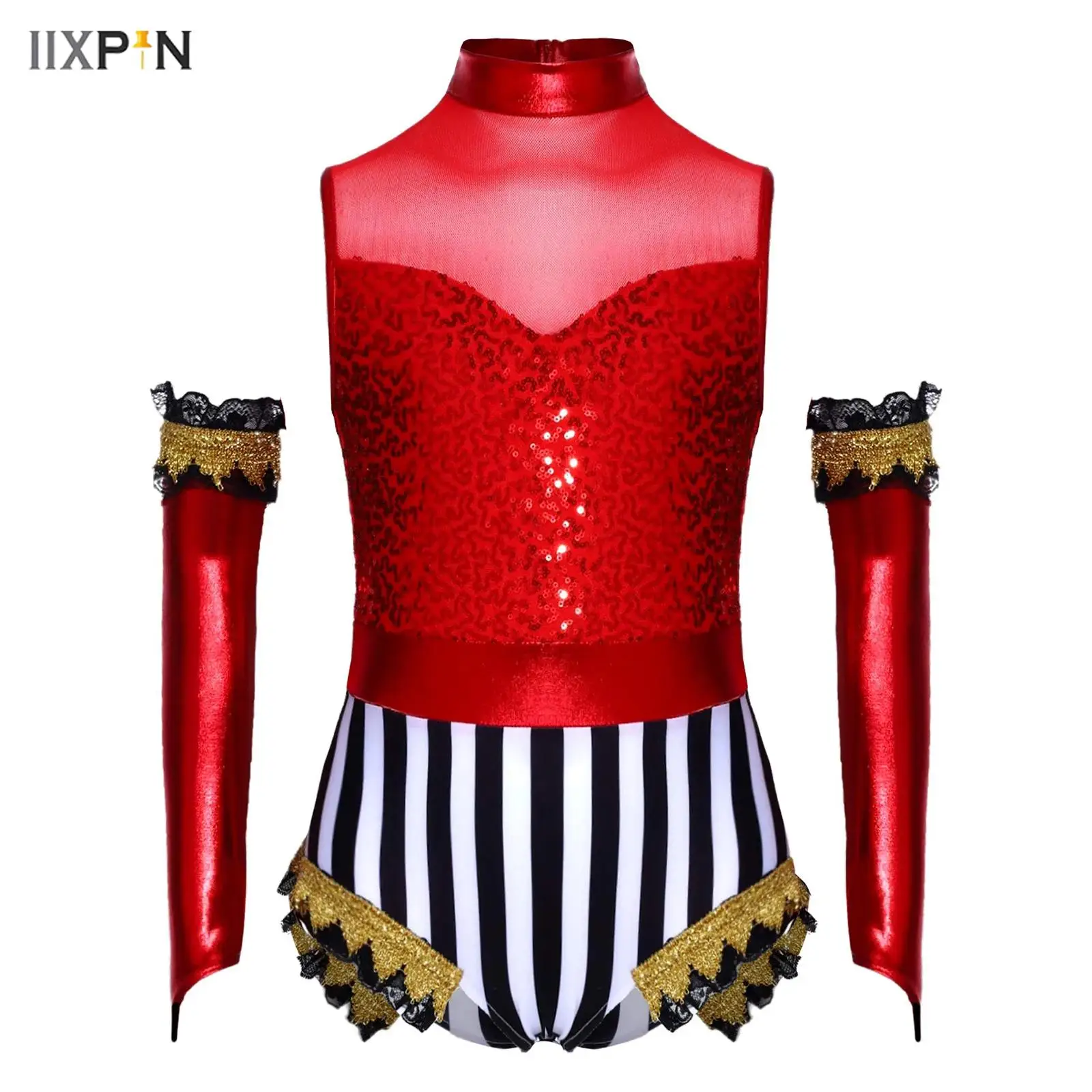 

Girls 2Pcs Circus Jumpsuit Sequins Sleeveless Lace Gold Webbing Bodysuit+Glossy Metallic Over-Sleeve Halloween Cosplay Costume