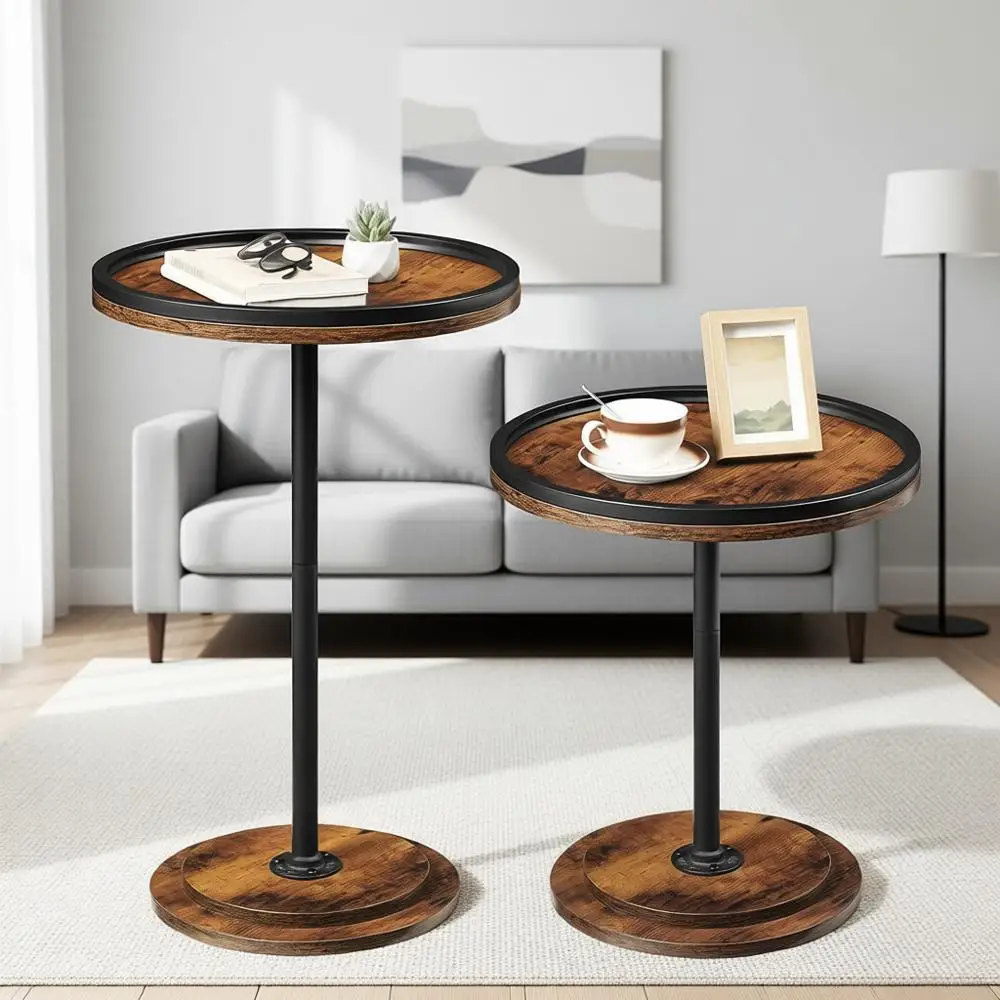 

Small Round Coffee Table Set with Wooden Pedestal, Circle Accent Side Tables for Living Room, Rustic Brown