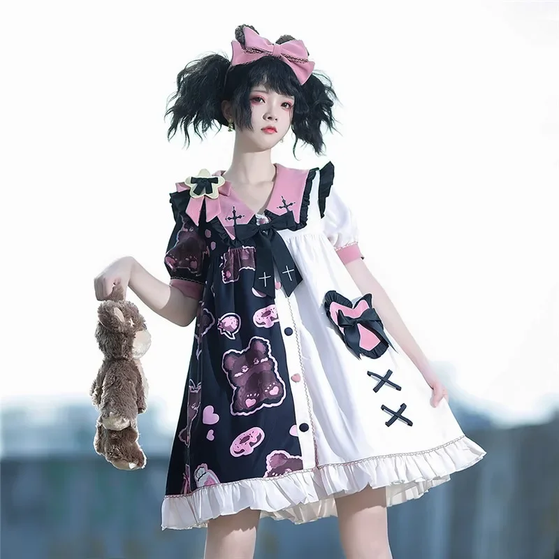 Robe Punk Gothique Foncé à Manches Courtes pour Femme, Imprimé Ours Lolita, Mode Kawaii, Doux, Quotidien, Nouvelle Collection