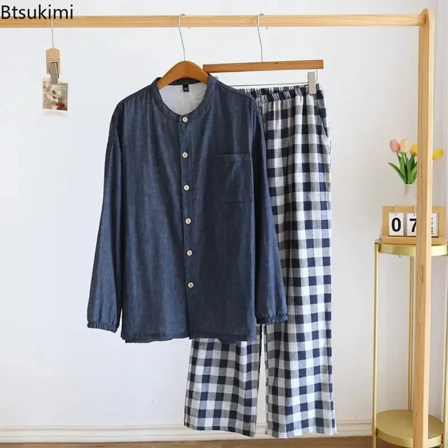 2025 Japanese Style Men's Cotton Pajama Sets Plaid Long Sleeve Trousers Sleepwear Sets Men Double-layer Cotton Homewear Lounge