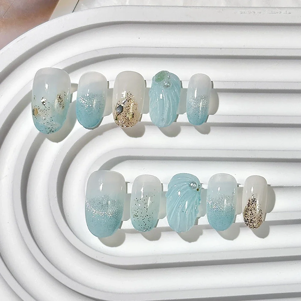 귀여운 패션 반짝 이는 고양이 눈 수제 분리형 가짜 손톱 아크릴 손톱에 고품질 손으로 그린 ​​꽃 진주 프레스