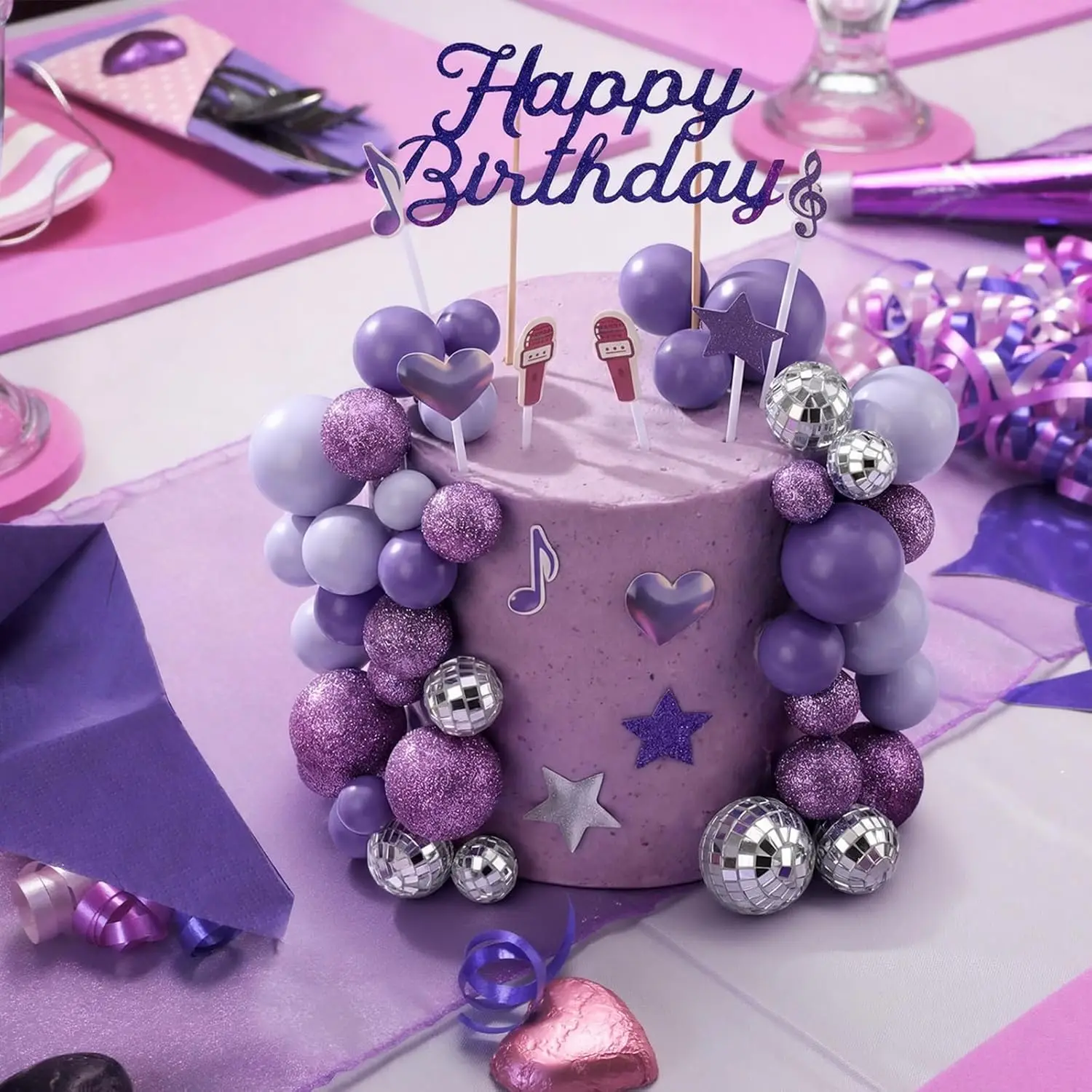 Complete K-Pop Party Cake Topper: Purple Disco Balls, Mic, Hearts & “Happy Birthday” – Music Theme Decor