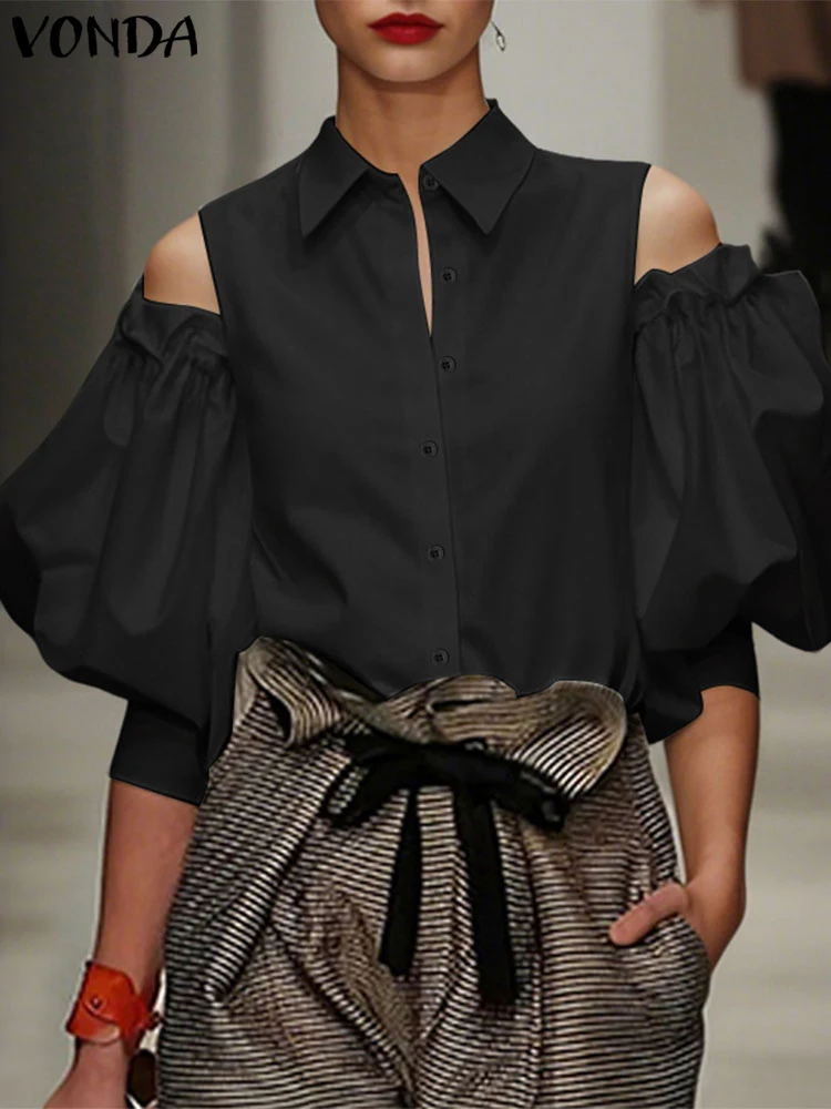 VONDA Vrouwen Shirts 2025, Mode Zomer Top Elegante OL Blouse Casual Effen Kleur Tuniek Koude Schouder Lantaarn Mouw Kantoor Blusas